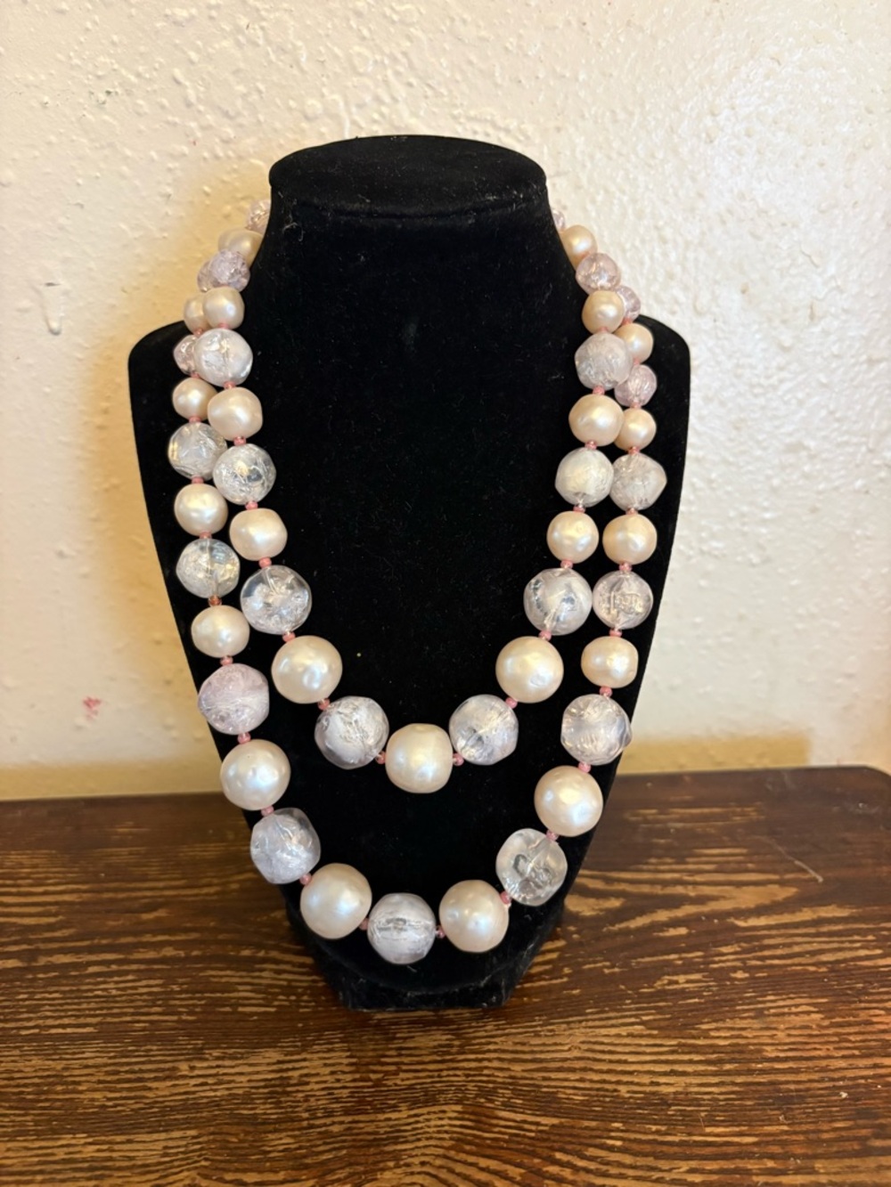 ORIGINAL BY ROBERT vintage Signed Acrylic Pastel Pink Beaded Necklace 10” Drop